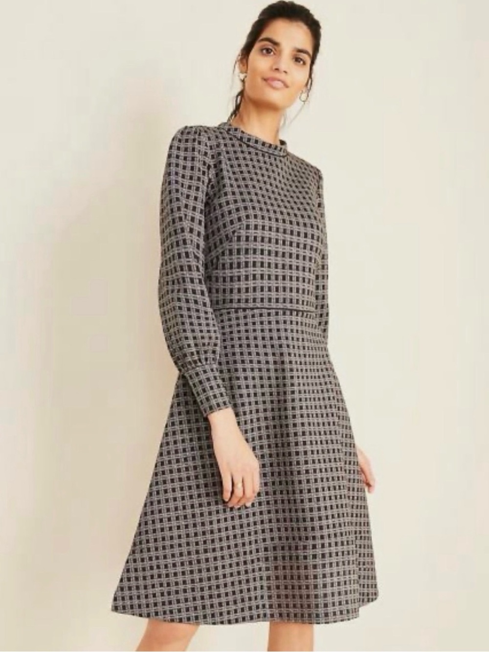 Ann Taylor Black and Gray Checked Long-Sleeve A-Line Dress
